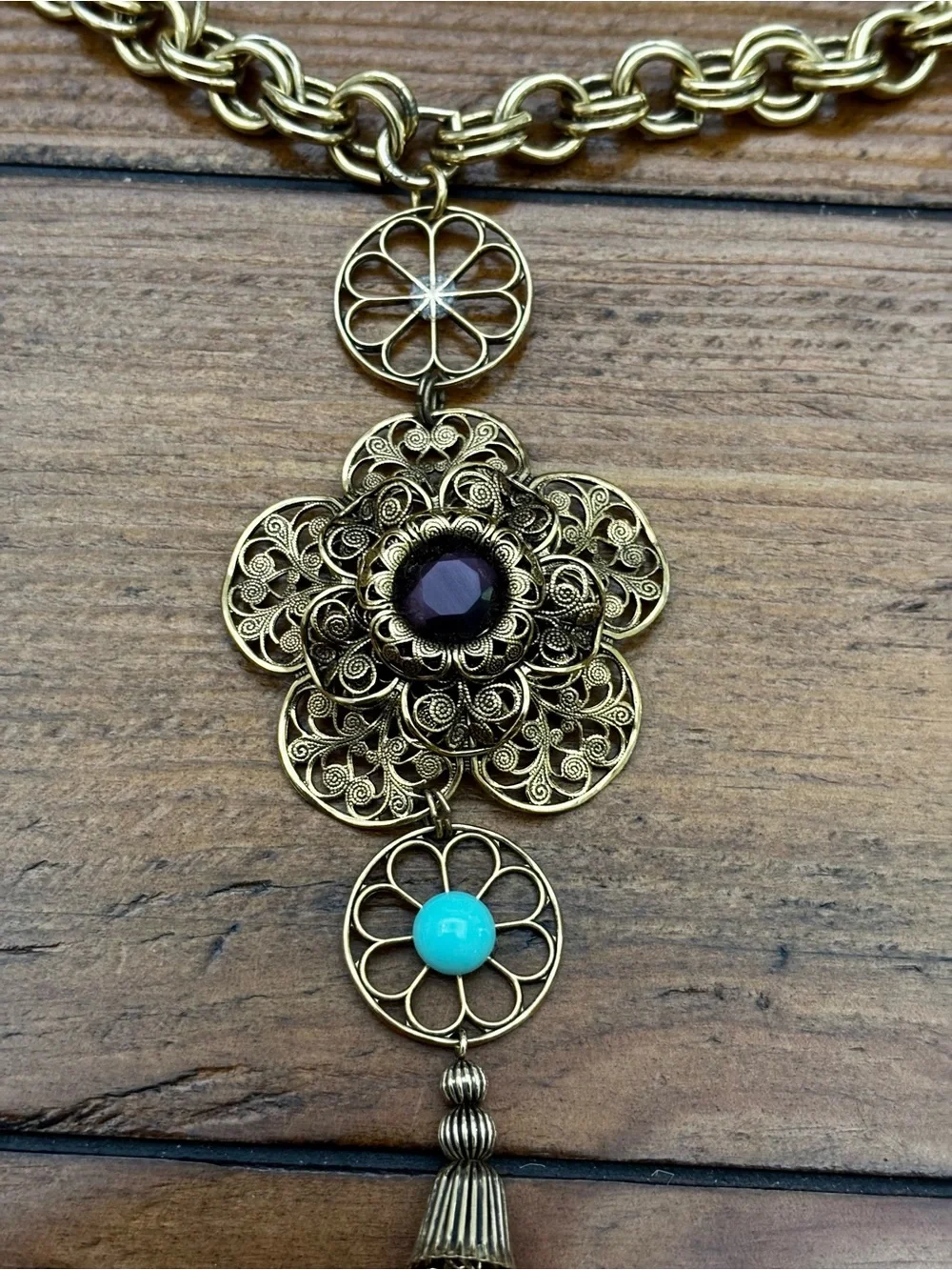 Gold-Tone Floral Filigree Pendant Necklace with Purple and Blue Accents